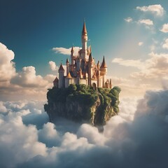 AI generated illustration of a castle perched on a rocky outcrop with scattered clouds - obrazy, fototapety, plakaty
