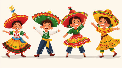Obraz na płótnie Canvas AI generated illustration of Mexican children in vibrant attire dancing and playing