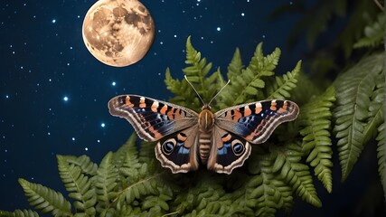 a peacock moth on a fern with a full moon and a starry sky in the background - obrazy, fototapety, plakaty