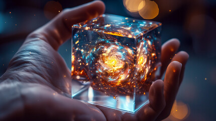 Levitating Cosmic Cube with Spiral Galaxy, Hand Cradling Celestial Beauty