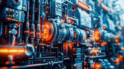 Abstract futuristic technology background with complex machinery, pipes, and glowing elements suggesting advanced industrial or sci-fi equipment. - obrazy, fototapety, plakaty