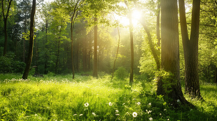 Fototapeta na wymiar Nature comes alive with the arrival of spring. Green Forest. Summer and spring themed cover image for social media.