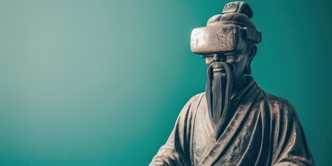 An ancient Chinese scholar statue with VR headset could symbolize the blend of traditional wisdom and modern virtual learning or philosophical contemplation.