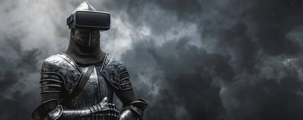 A medieval knight statue in VR headset against a stormy sky, perfect for immersive storytelling or interactive historical learning.
