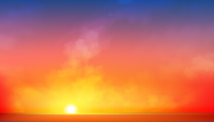 Red Sunset Sky Background,Sunrise cloud Orange,Yellow,Pink,Blue in morning Summer,Vector sunny Autumn,Nature landscape in evening.Winter sunlight,illustration Horizon Spring sundown by Sea Beach - obrazy, fototapety, plakaty