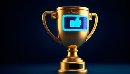 AI generated illustration of a golden trophy cup with a glowing Facebook logo on top