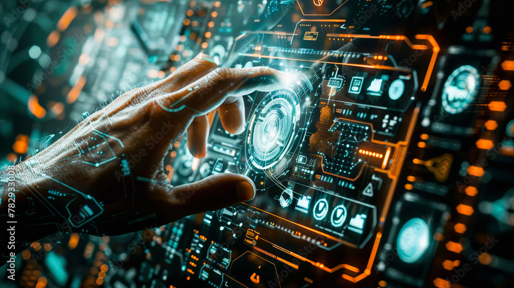 Poster a hand interacting with a futuristic holographic display, featuring digital interfaces and glowing d