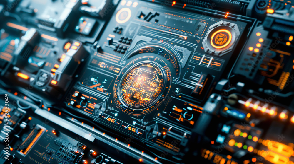 Poster futuristic circuit board with a holographic digital interface and a glowing central processor, depic
