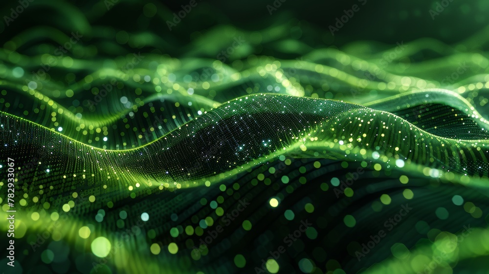 Fototapete Animated green wave background. Abstract futuristic dynamic background. Visualization of big data. 3D rendering.