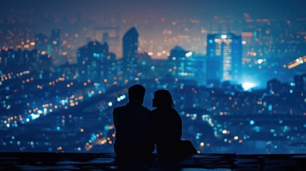 Silhouette of couple sit on ground point faraway on the roof above the city