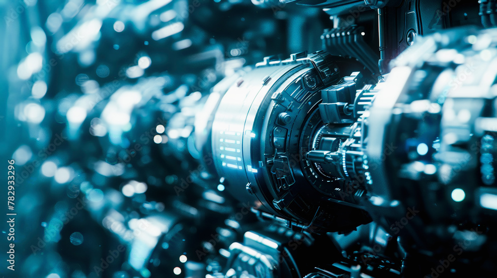 Poster close-up of complex machinery with intricate gears and mechanical components, suggesting advanced te