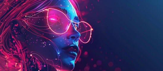A woman wearing glasses with neon lights reflected on her face, creating an electrifying and futuristic look