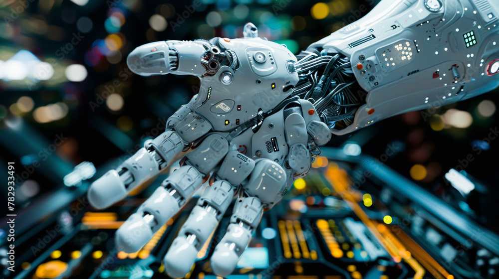 Poster detailed robotic arm with intricate circuits and mechanical components set against a blurred, high-t