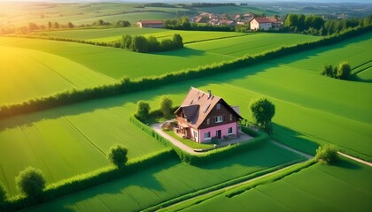  house the countryside, dividing the lush green fields, long exposure photography