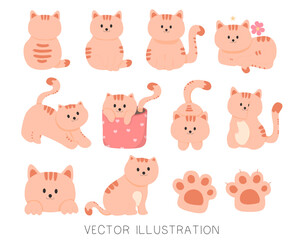 Cartoon cat set with different poses. Cat behavior, body language, Cat character. isolated vector illustration.