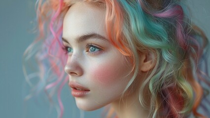 AI generated illustration of a girl with vibrant rainbow hair
