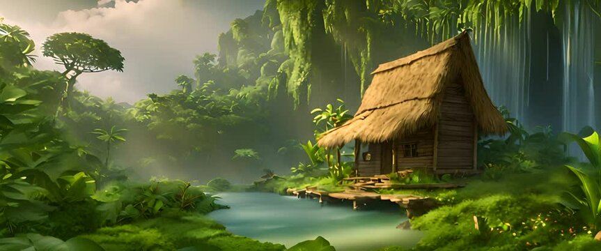 a hut in the middle of the jungle with a small waterfall