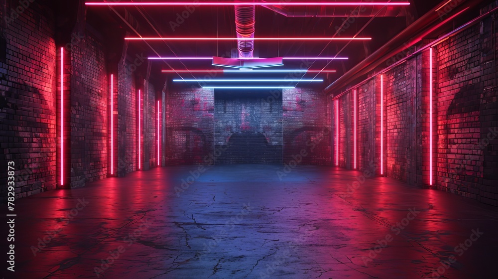 Canvas Prints Brick Walls Neon Lasers Red Blue Glowing Beams Concrete Floor Empty Dance Garage Warehouse Underground Show Stage 3D Rendering Illustration of Retro Modern Sci Fi Dance Room