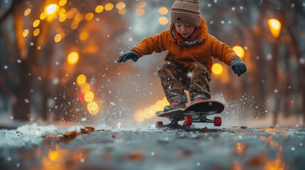 AI generated illustration of a child skateboarding on snowy street - obrazy, fototapety, plakaty