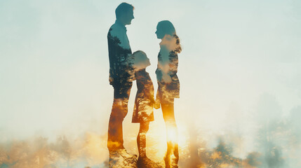 With in the area with a white background, the Double Exposure of the person, family, woman reflects a joyful expression. A livable world happy concept.