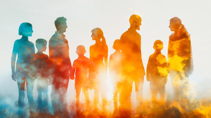 With in the area with a white background, the Double Exposure of the person, family, woman reflects a joyful expression. A livable world happy concept.