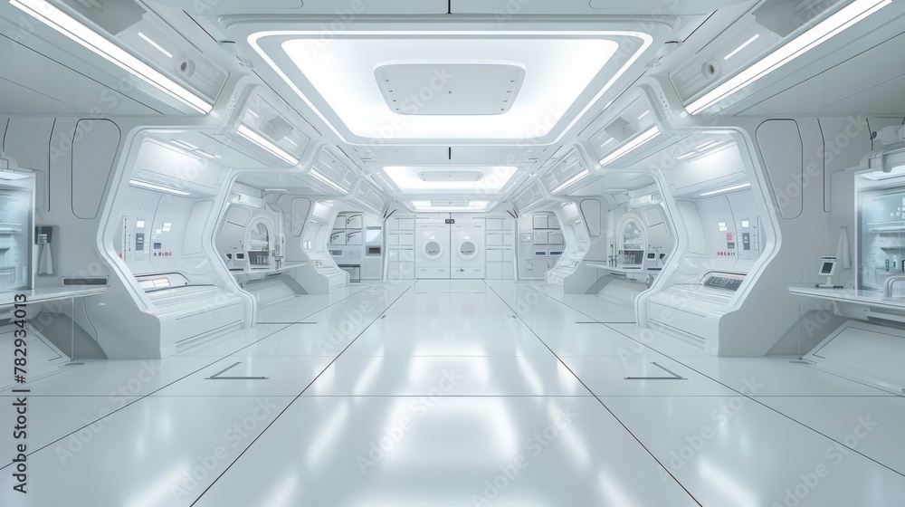 Poster The futuristic background and science concept of a scientific laboratory or an empty white room. 3D rendering.