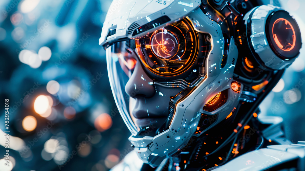 Poster close-up of a highly detailed, futuristic robot with human-like features and intricate orange circui