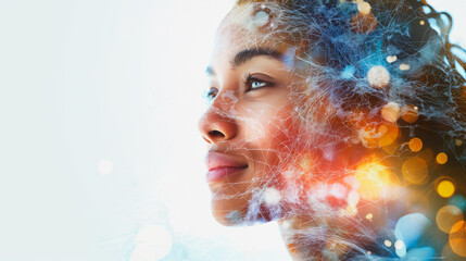 With in the area with a white background, the Double Exposure of the person, family, woman reflects a joyful expression. A livable world happy concept.