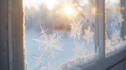 Sunrise Glimmer Through Frosty Window Pane with Delicate Snowflakes