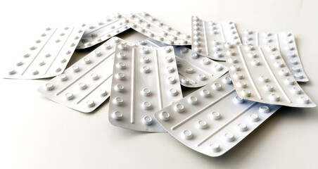 Pills in white blister for medical treatment with prescription to buy in pharmacy - obrazy, fototapety, plakaty