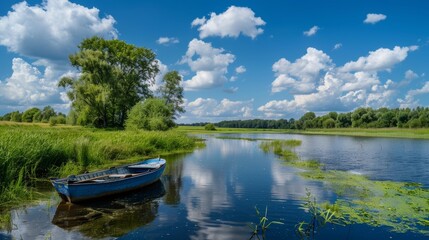 summer landscape with a serene lake, a wooden rowboat moored on the lush green shore, under a...