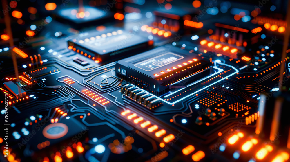 Poster highly detailed circuit board with advanced integrated chips and illuminated electronic paths repres