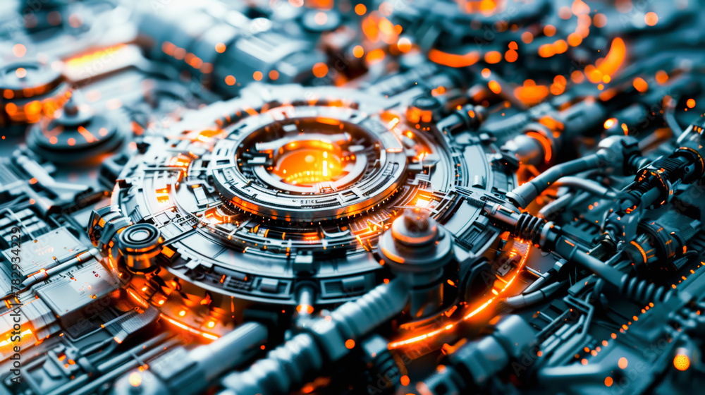Poster futuristic technological core with intricate circuitry and glowing orange elements, depicting advanc