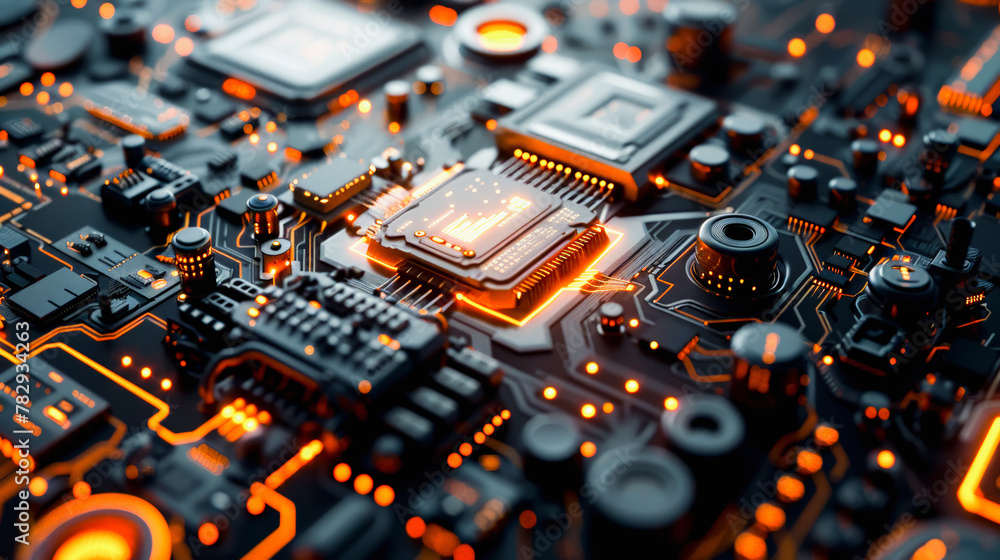 Poster a complex circuit board featuring an advanced cpu, numerous electronic components, and glowing orang
