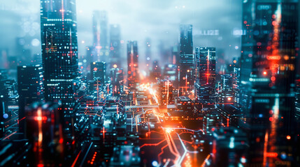 Futuristic cityscape with illuminated skyscrapers and data streams, representing a cyberpunk metropolis or advanced digital infrastructure. - obrazy, fototapety, plakaty