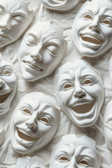 A collection of smiling white masks on a white wall