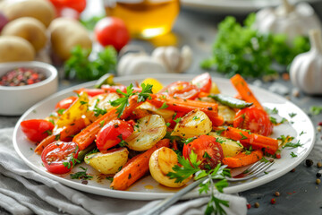 Roasted vegetables with carrots, tomatoes, green beans and potatoes. Generative AI
