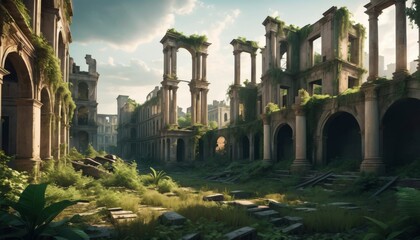 The remnants of a bygone era, this image encapsulates ancient ruins overtaken by nature, with columns and arches enveloped in lush green foliage.. AI Generation - obrazy, fototapety, plakaty
