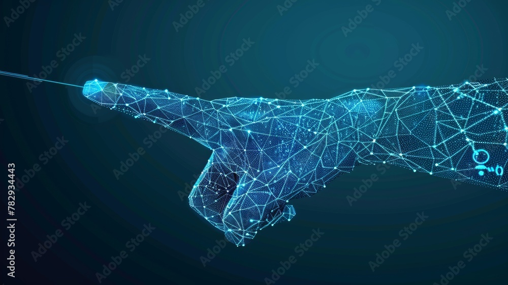 Poster Wireframe hand pointing at the key finger in a concept of digital transformation or machine learning