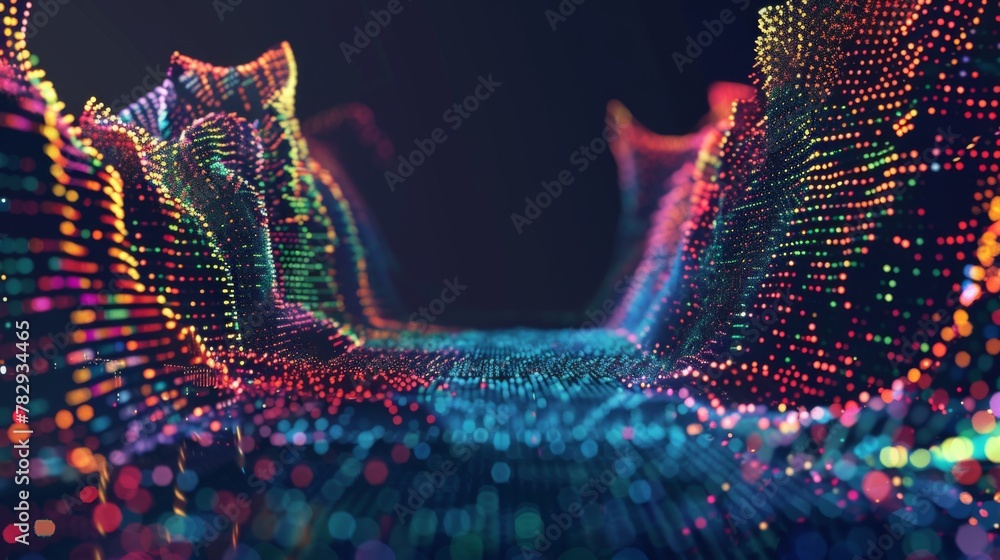 Poster vibrant digital wave pattern with colorful dots on dark background