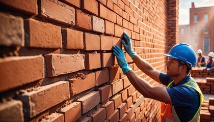 A professional bricklayer in safety gear expertly installs bricks on a sunny day, exemplifying precise craftsmanship and construction.. AI Generation. AI Generation - obrazy, fototapety, plakaty