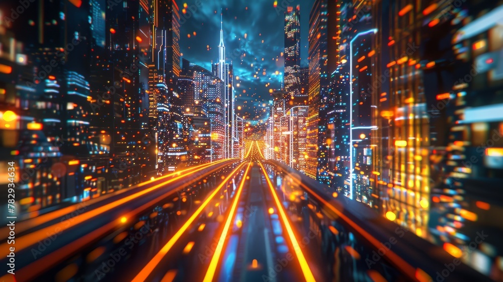 Poster Rendering of a warp speed hyper loop with blurry lights from buildings in a megacity at night. Concept of next generation technology, fintech, big data, 5G fast networks, machine learning, etc.....