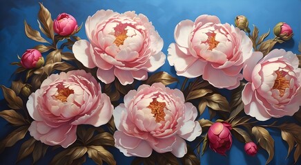 oil paintings of peony flowers on a blue backdrop.