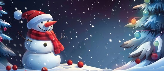 A close-up view of a snowman wearing a red hat and scarf, a classic Christmas decoration