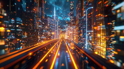 Rendering of a warp speed hyper loop with blurry lights from buildings in a megacity at night. Concept of next generation technology, fintech, big data, 5G fast networks, machine learning, etc.....