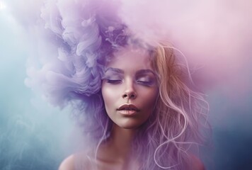 blonde beautiful woman making purple smoke with her hair