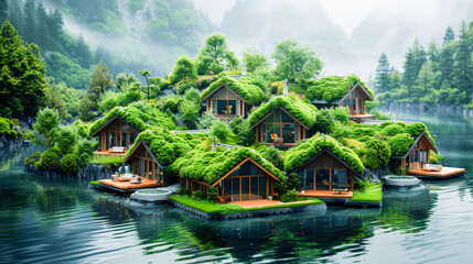 Fototapeta premium Lush green overgrown rooftops on wooden cabins by a misty lake amidst forested hills, emanating serene and tranquil vibes.