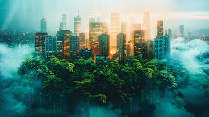 Skyscrapers rise above a lush forest blanketed in mist, symbolizing a fusion of urban development and natural landscape at dawn.