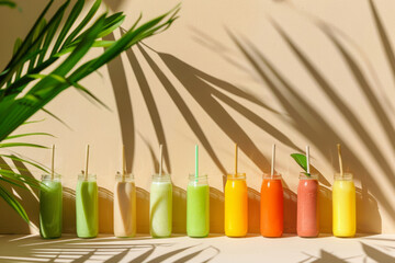 Smoothies and juices in glass containers with bamboo straws. Generative AI