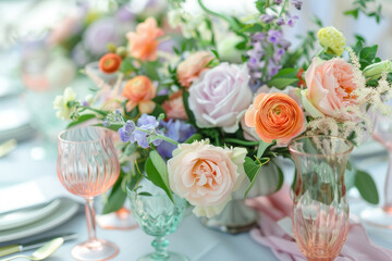 Obraz na płótnie Canvas Table setting with pastel colored floral centerpieces. Generative AI